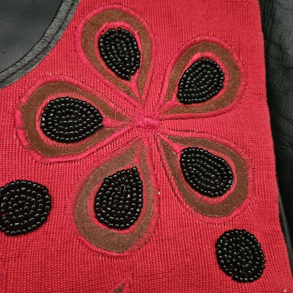 Vintage Handmade Beaded Floral Embroidered Red Tote Bag - Picture 4 of 11